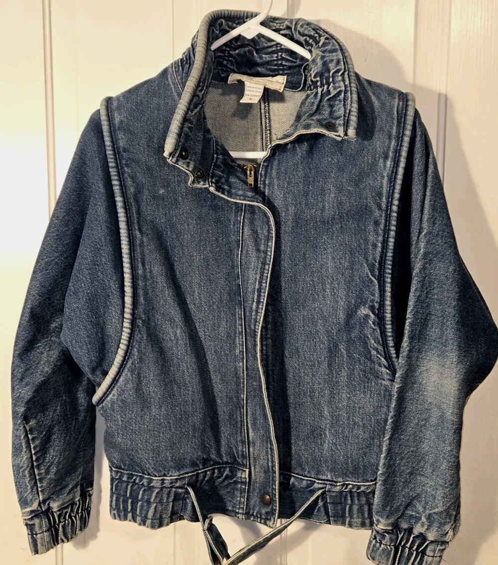 Vintage 80s LEARSI Denim Jacket Small Cropped Punk Rock Belted Made Uruguay